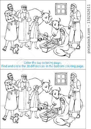 Vector coloring page. The shepherds come to the newborn Jesus. 138282611