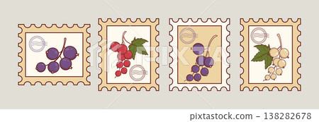 Black, Red and White Currant Berry Botanical Stamps Set. Summer Berries Postage Stationery. Isolated Vector Illustration. Black, Red and White Currant Berry Botanical Stamps Set. Summer Berries Postage Stationery. Isolated Vector Illustration. 138282678