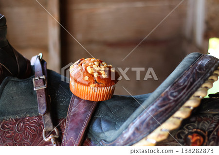 Breakfast Muffin Set On A Western Saddle 138282873