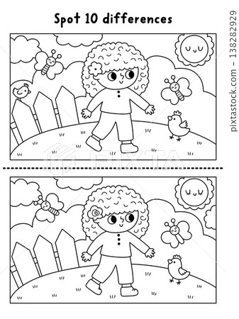 Garden black and white find differences game for children. Spring line educational activity with going with butterfly, chick. Puzzle for kids. Printable worksheet, coloring page for logic, attention Garden black and white find differences game for children. Spring line educational activity with going with butterfly, chick. Puzzle for kids. Printable worksheet, coloring page for logic, attention 138282929