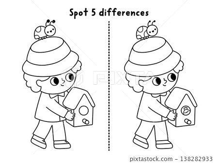 Garden black and white find differences game for children. Spring line educational activity with boy gardener going with birdhouse. Cute puzzle for kids. Printable worksheet, coloring page Garden black and white find differences game for children. Spring line educational activity with boy gardener going with birdhouse. Cute puzzle for kids. Printable worksheet, coloring page 138282933