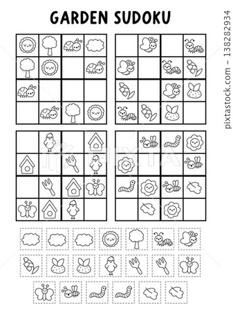 Vector black and white garden sudoku puzzle for kids with pictures. Line spring country house quiz with cut and glue elements. Education activity, coloring page with birdhouse, tools. Draw missing Vector black and white garden sudoku puzzle for kids with pictures. Line spring country house quiz with cut and glue elements. Education activity, coloring page with birdhouse, tools. Draw missing 138282934