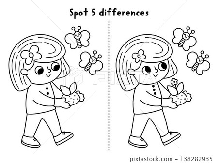 Garden black and white find differences game for children. Spring line educational activity with girl gardener going with baby plant, butterflies. Puzzle for kids. Printable worksheet, coloring page Garden black and white find differences game for children. Spring line educational activity with girl gardener going with baby plant, butterflies. Puzzle for kids. Printable worksheet, coloring page 138282935