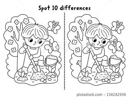 Garden black and white find differences game for children. Spring line educational activity with boy gardener digging ground, planting seedling. Puzzle for kids. Printable worksheet, coloring page Garden black and white find differences game for children. Spring line educational activity with boy gardener digging ground, planting seedling. Puzzle for kids. Printable worksheet, coloring page 138282936
