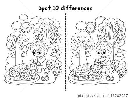 Garden black and white find differences game for children. Spring line educational activity with boy gardener watering flower. Puzzle for kids. Printable worksheet, coloring page, nature scene 138282937