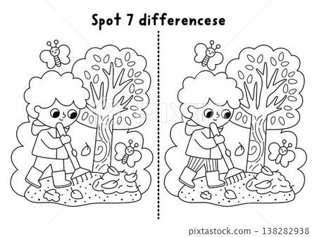 Garden black and white find differences game. Spring line educational activity with boy gardener raking leaves with rake. Puzzle for kids. Printable worksheet, coloring page, nature scene 138282938