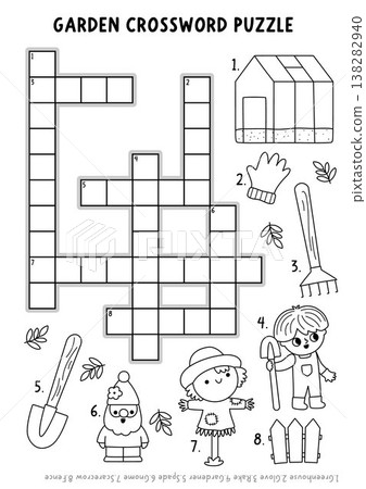 Vector garden black and white crossword puzzle for kids. Quiz with greenhouse, boy gardener, scarecrow, gnome, rake, spade. Line spring educational cross word activity, coloring page Vector garden black and white crossword puzzle for kids. Quiz with greenhouse, boy gardener, scarecrow, gnome, rake, spade. Line spring educational cross word activity, coloring page 138282940
