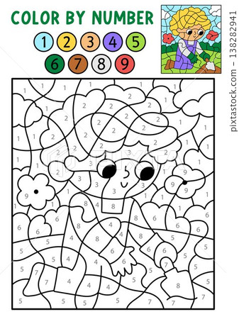 Vector garden color by number activity with boy digging earth. Spring black and white counting, colouring game. Cute coloring page for kids. Line printable worksheet with kid gardener Vector garden color by number activity with boy digging earth. Spring black and white counting, colouring game. Cute coloring page for kids. Line printable worksheet with kid gardener 138282941