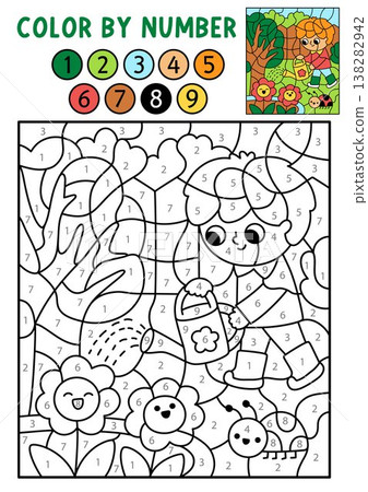 Vector garden color by number activity with boy watering flowers. Spring black and white counting, colouring game. Cute coloring page for kids. Line printable worksheet with kid gardener Vector garden color by number activity with boy watering flowers. Spring black and white counting, colouring game. Cute coloring page for kids. Line printable worksheet with kid gardener 138282942
