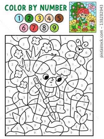 Vector garden color by number activity with boy digging earth. Spring black and white counting, colouring game. Cute coloring page for kids. Line printable worksheet with kid gardener 138282943