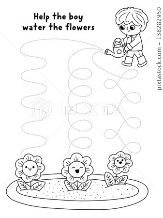 Vector black and white garden handwriting practice worksheet with boy gardener watering flowers. Preschool line drawing printable activity. Spring tracing game, coloring page for writing skills Vector black and white garden handwriting practice worksheet with boy gardener watering flowers. Preschool line drawing printable activity. Spring tracing game, coloring page for writing skills 138282950