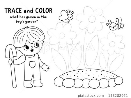 Vector black and white garden handwriting practice worksheet with boy gardener growing flowers. Preschool drawing printable activity. Spring line tracing coloring game for writing skills Vector black and white garden handwriting practice worksheet with boy gardener growing flowers. Preschool drawing printable activity. Spring line tracing coloring game for writing skills 138282951