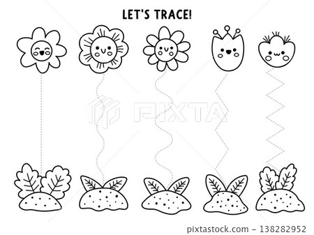 Vector black and white garden handwriting practice worksheet, coloring page with growing flowers. Preschool drawing printable activity. Spring line tracing game for writing skills with plants Vector black and white garden handwriting practice worksheet, coloring page with growing flowers. Preschool drawing printable activity. Spring line tracing game for writing skills with plants 138282952
