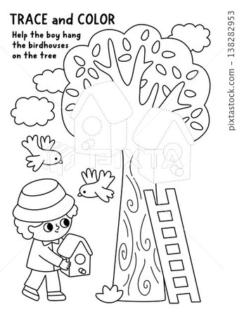 Vector black and white garden handwriting practice worksheet with boy gardener hanging birdhouses on tree. Preschool drawing printable activity, coloring page. Spring tracing game for writing skills Vector black and white garden handwriting practice worksheet with boy gardener hanging birdhouses on tree. Preschool drawing printable activity, coloring page. Spring tracing game for writing skills 138282953