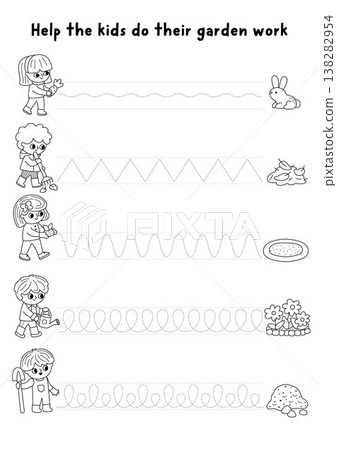 Vector black and white garden handwriting practice worksheet with kids gardeners doing work. Preschool line drawing printable activity. Spring tracing game, coloring page for writing skills Vector black and white garden handwriting practice worksheet with kids gardeners doing work. Preschool line drawing printable activity. Spring tracing game, coloring page for writing skills 138282954