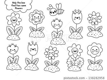 Find two same flowers. Garden black and white matching activity for children. Spring, summer educational quiz worksheet, coloring page for kids. Printable game with kawaii plants 138282958