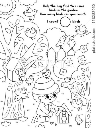 Vector black and white searching, counting game with garden landscape, boy building birdhouse, trees. Find two same birds. Spot hidden objects. Seek and find printable activity, coloring page for kid Vector black and white searching, counting game with garden landscape, boy building birdhouse, trees. Find two same birds. Spot hidden objects. Seek and find printable activity, coloring page for kid 138282960