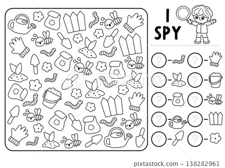 Garden black and white I spy game for kids. Searching, counting activity with gardening tools, glove, watering can, worm. Printable line worksheet, coloring page. Spring or summer spotting puzzle 138282961