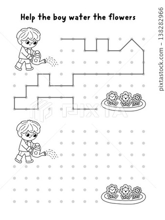 Garden black and white drawing, writing, tracing, space orientation activity for kids with boy watering flowers. Draw lines in box according example. Spring printable game, puzzle, coloring page Garden black and white drawing, writing, tracing, space orientation activity for kids with boy watering flowers. Draw lines in box according example. Spring printable game, puzzle, coloring page 138282966