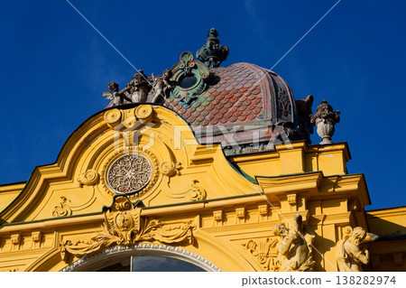 Neo Baroque colonnade in historic spa Marianske Lazne, Czechia, Cheb district, Karlovy Vary region, architectural details, sunny day 138282974