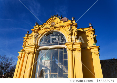 Neo Baroque colonnade in historic spa Marianske Lazne, Czechia, Cheb district, Karlovy Vary region, architectural details, sunny day Neo Baroque colonnade in historic spa Marianske Lazne, Czechia, Cheb district, Karlovy Vary region, architectural details, sunny day 138282975