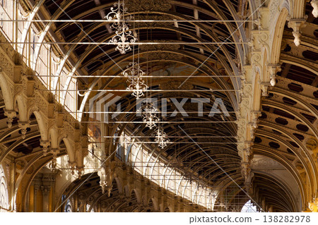 Neo Baroque colonnade in historic spa Marianske Lazne, Czechia, Cheb district, Karlovy Vary region, architectural details, sunny day 138282978