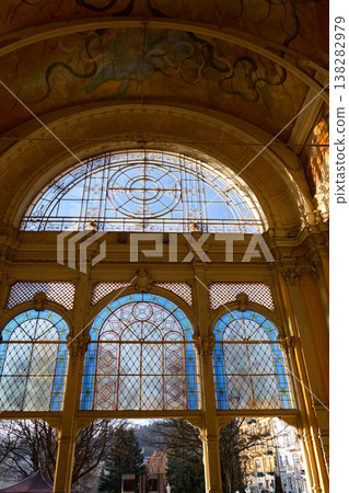 Neo Baroque colonnade in historic spa Marianske Lazne, Czechia, Cheb district, Karlovy Vary region, architectural details, sunny day Neo Baroque colonnade in historic spa Marianske Lazne, Czechia, Cheb district, Karlovy Vary region, architectural details, sunny day 138282979