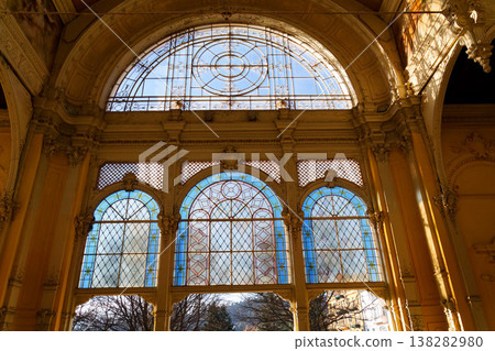 Neo Baroque colonnade in historic spa Marianske Lazne, Czechia, Cheb district, Karlovy Vary region, architectural details, sunny day Neo Baroque colonnade in historic spa Marianske Lazne, Czechia, Cheb district, Karlovy Vary region, architectural details, sunny day 138282980