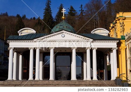 Neo Baroque colonnade in historic spa Marianske Lazne, Czechia, Cheb district, Karlovy Vary region, architectural details, sunny day 138282983
