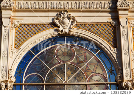 Neo Baroque colonnade in historic spa Marianske Lazne, Czechia, Cheb district, Karlovy Vary region, architectural details, sunny day 138282989