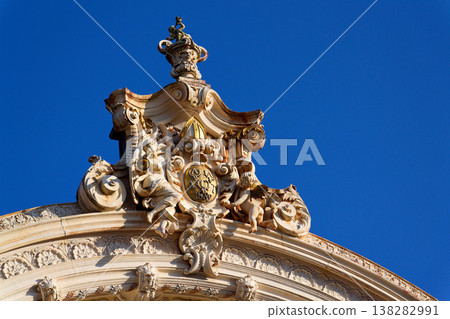 Neo Baroque colonnade in historic spa Marianske Lazne, Czechia, Cheb district, Karlovy Vary region, architectural details, sunny day 138282991