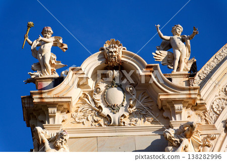 Neo Baroque colonnade in historic spa Marianske Lazne, Czechia, Cheb district, Karlovy Vary region, architectural details, sunny day 138282996