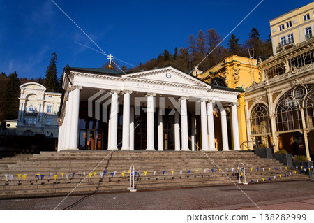 Neo Baroque colonnade in historic spa Marianske Lazne, Czechia, Cheb district, Karlovy Vary region, architectural details, sunny day 138282999
