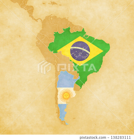 Ocher map of South America - Brazil and Argentina 138283111
