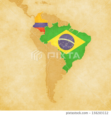 Ocher map of South America - Brazil and Colombia 138283112