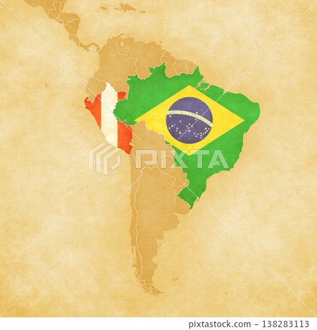 Ocher map of South America - Brazil and Peru Ocher map of South America - Brazil and Peru 138283113