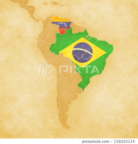 Ocher map of South America - Brazil and Venezuela 138283114