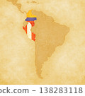 Ocher map of South America - Colombia and Peru 138283118