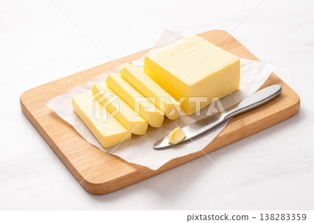 Fresh butter block with sliced pieces on wooden board and knife Fresh butter block with sliced pieces on wooden board and knife 138283359