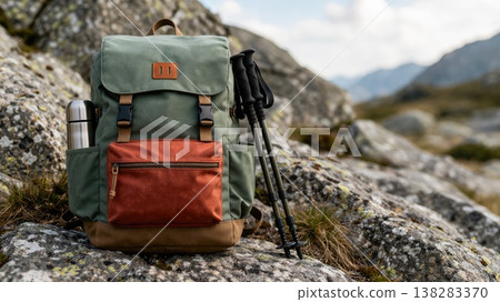 Travel backpack with trekking sticks and bottle in rocky mountain terrain 138283370