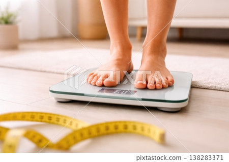 Feet on digital scale with measuring tape for weight loss concept Feet on digital scale with measuring tape for weight loss concept 138283371