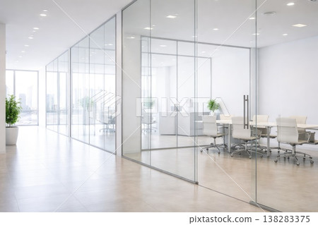 Modern glass office interior with conference room and minimalist corporate workspace Modern glass office interior with conference room and minimalist corporate workspace 138283375