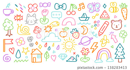 Doodle elements set with characters and shapes Doodle elements set with characters and shapes 138283413