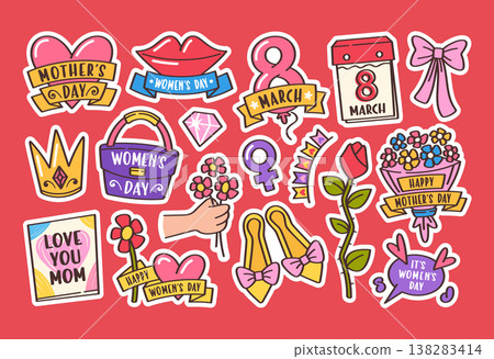 International Women Day sticker set of colorful beautiful girlish design with greeting text 138283414
