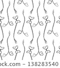 Seamless vector pattern with microgreens sprouts, thin stems and small leaves in minimal line style, scattered on dark background. Perfect for packaging, textiles, wallpaper, branding, wrapping. 138283540