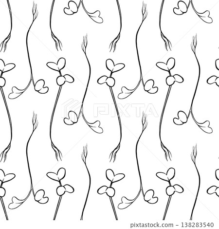 Seamless vector pattern with microgreens sprouts, thin stems and small leaves in minimal line style, scattered on dark background. Perfect for packaging, textiles, wallpaper, branding, wrapping. Seamless vector pattern with microgreens sprouts, thin stems and small leaves in minimal line style, scattered on dark background. Perfect for packaging, textiles, wallpaper, branding, wrapping. 138283540