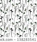 Seamless vector pattern with microgreens and sprouts, clover leaves and stems, hand drawn line illustration in green tones on light background. for packaging, textiles, wrapping, wallpaper, branding 138283541