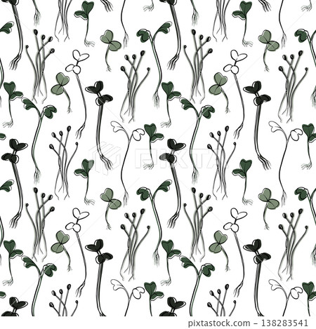 Seamless vector pattern with microgreens and sprouts, clover leaves and stems, hand drawn line illustration in green tones on light background. for packaging, textiles, wrapping, wallpaper, branding Seamless vector pattern with microgreens and sprouts, clover leaves and stems, hand drawn line illustration in green tones on light background. for packaging, textiles, wrapping, wallpaper, branding 138283541