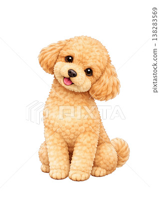 水彩風格的插圖，描繪了一隻可愛的玩具貴賓犬，它歪著頭坐著。 138283569