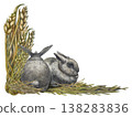 Watercolor rabbits resting on soft hay in a horizontal pastoral layout. Natural textures, muted tones create a peaceful rustic feel for borders, packaging, branding, stationery, organic farm products 138283836
